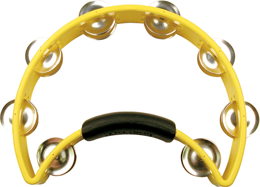 closeup of yellow crescent-shaped tambourine