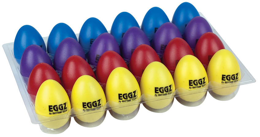 rows of yellow, pink, purple, and blue egg shakers in container