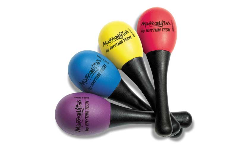 a purple, a blue, a yellow, and a pink maraca