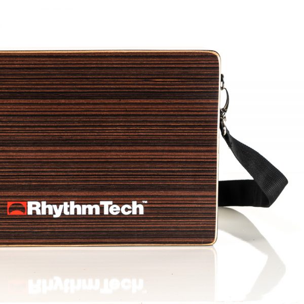 closeup of Rhythm Tech logo on Bongo Cajon
