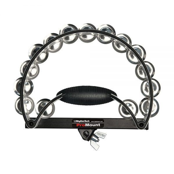 silver and black crescent-shaped mountable tambourine