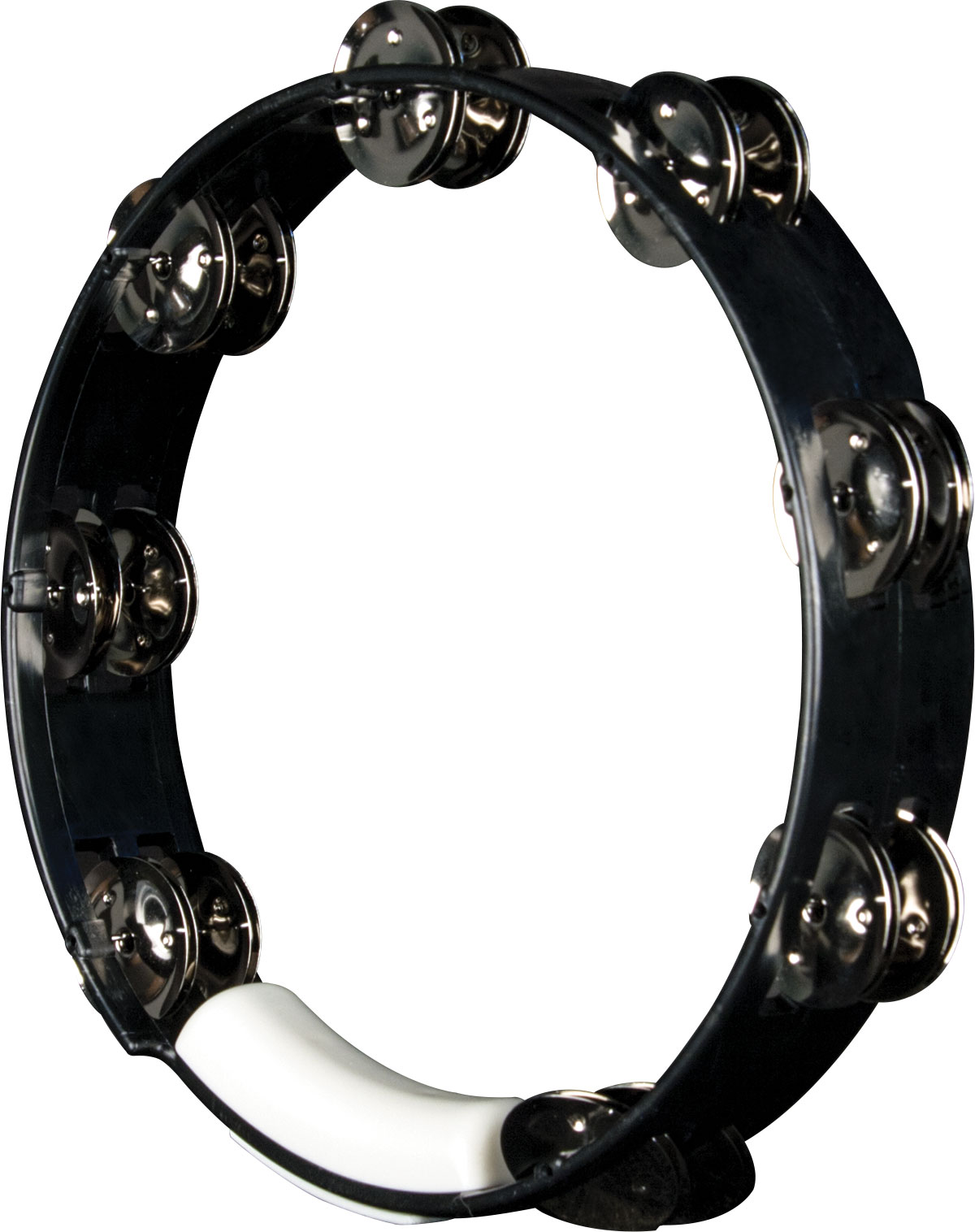 angled view of black circular tambourine