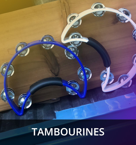 a blue and a white crescent-shaped tambourine